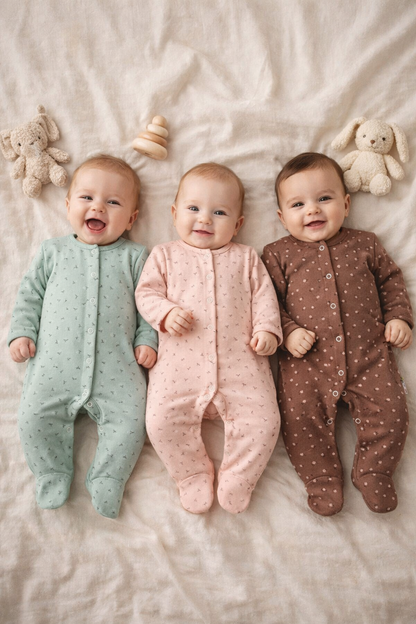 Bebek 3’lü Minik Çiçek Desenli Patikli Tulum Kombini %100 Pamuk