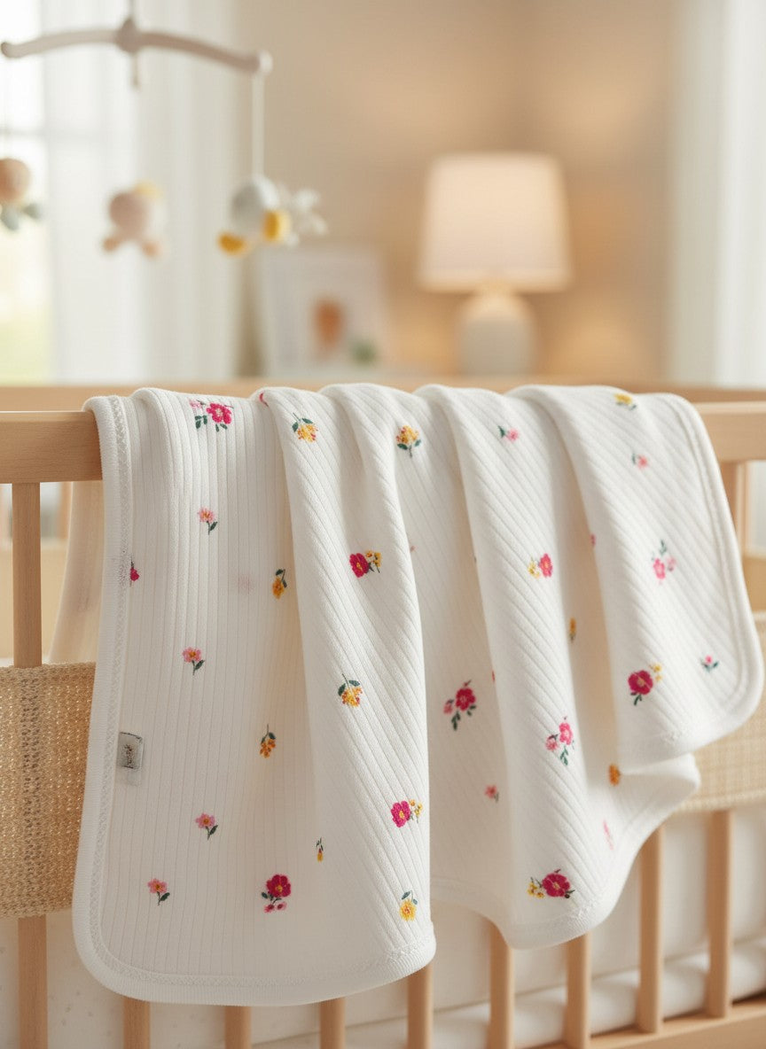 Çift Taraflı Bebek Battaniyesi 90x90 cm %100 Pamuk Penye Çiçek Desenli