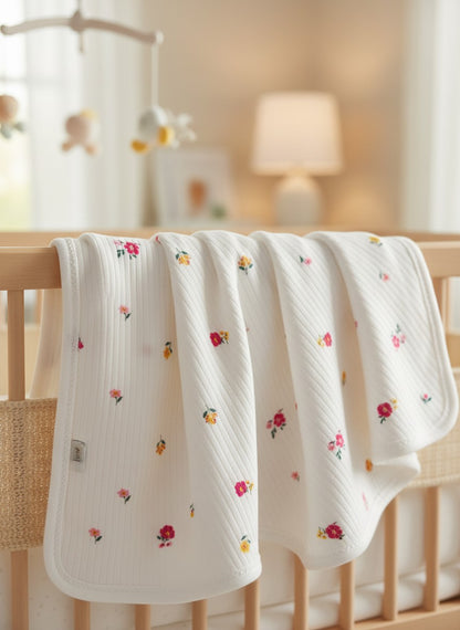 Çift Taraflı Bebek Battaniyesi 90x90 cm %100 Pamuk Penye Çiçek Desenli