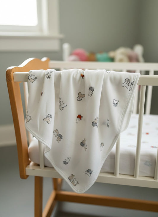 Çift Taraflı Minik Tavşan Desenli Bebek Battaniyesi 90x90 cm %100 Pamuk