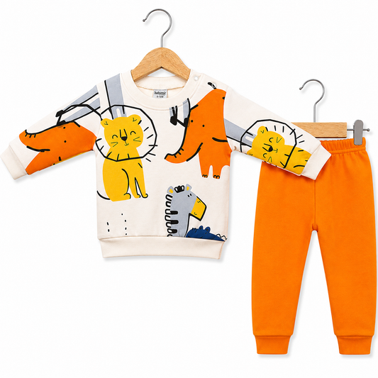 Sevimli Hayvan Baskılı %100 Pamuk Penye Bebek Sweatshirt Pantolon 2’li Takım