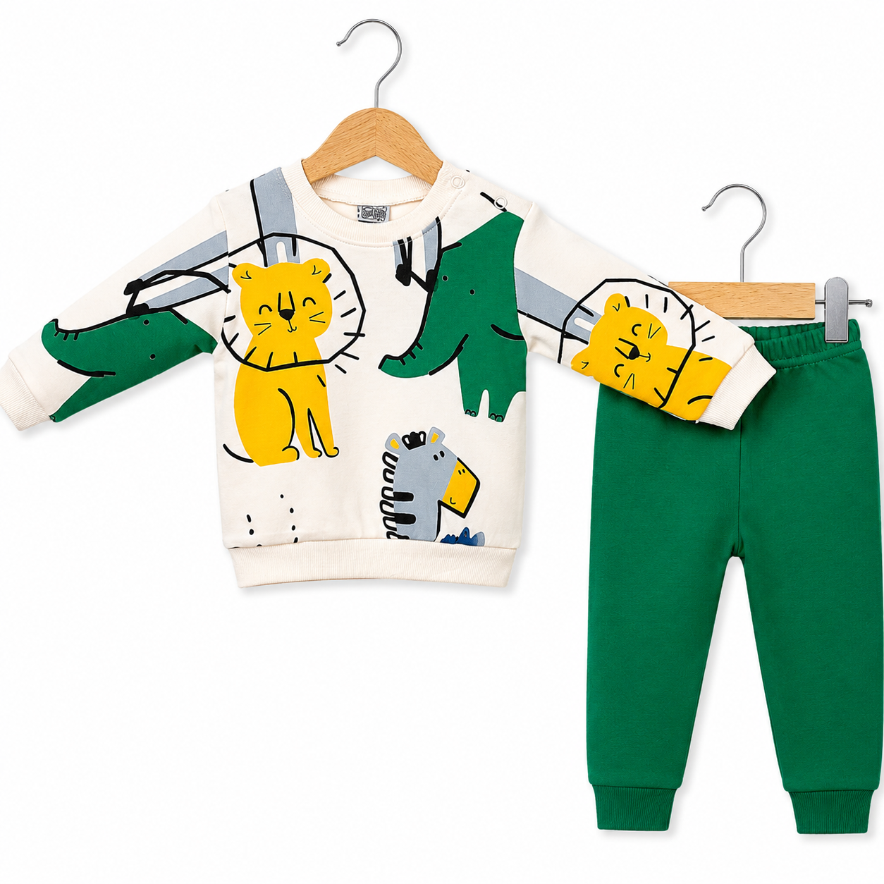 Sevimli Hayvan Baskılı %100 Pamuk Penye Bebek Sweatshirt Pantolon 2’li Takım