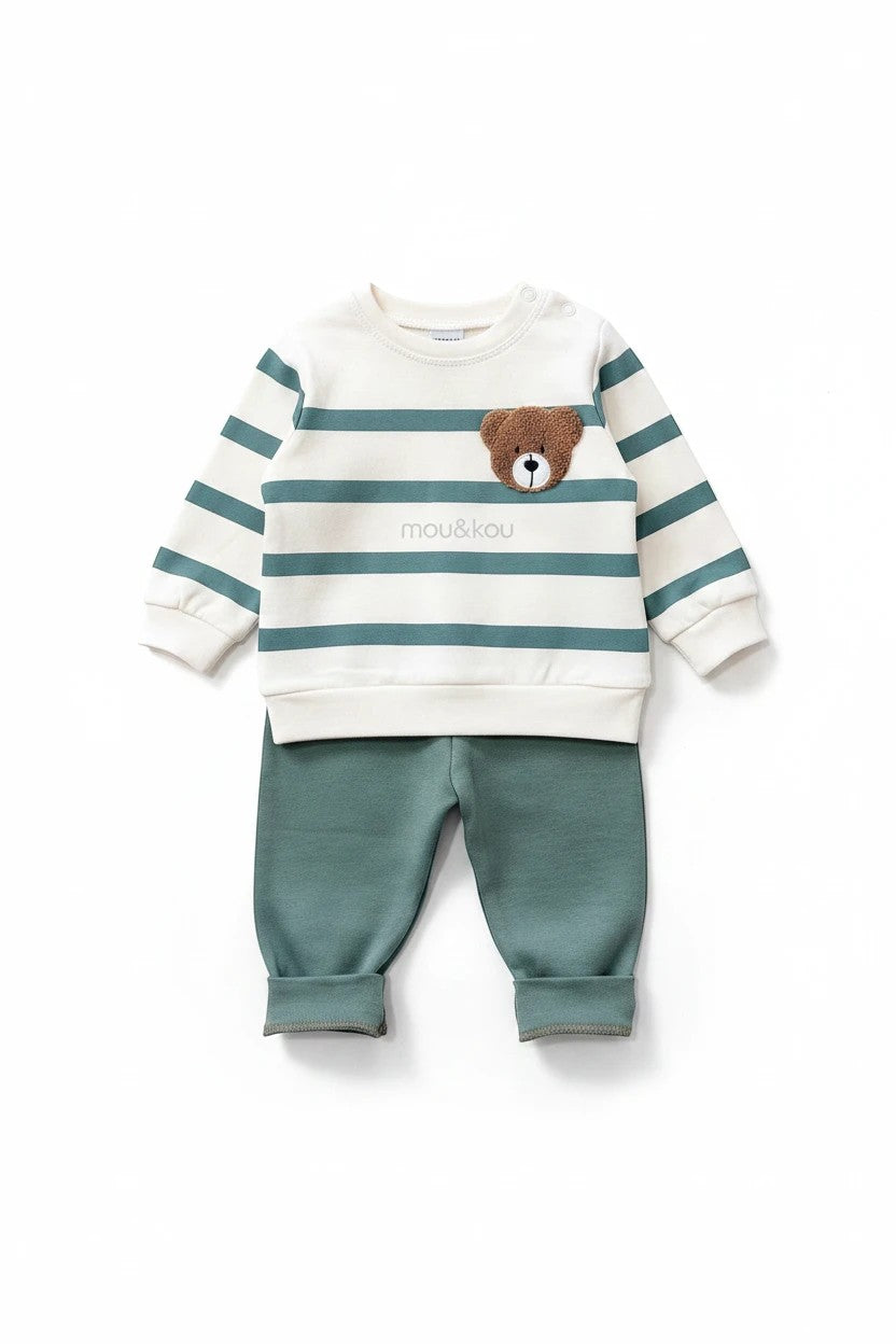 mou&kou krem yeşil çizgili ayıcık figürlü bebek sweatshirt ve pantolon takımı