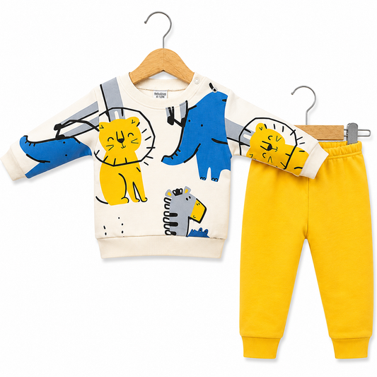 Sevimli Hayvan Baskılı %100 Pamuk Penye Bebek Sweatshirt Pantolon 2’li Takım