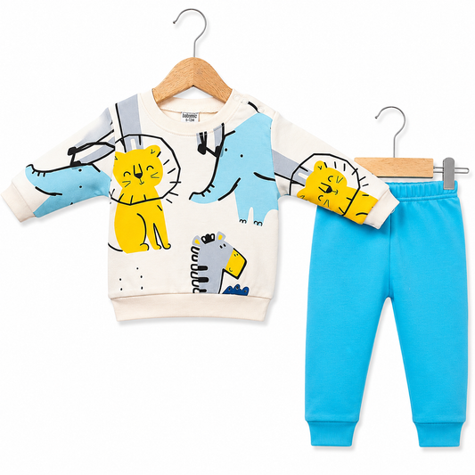 Sevimli Hayvan Baskılı %100 Pamuk Penye Bebek Sweatshirt Pantolon 2’li Takım